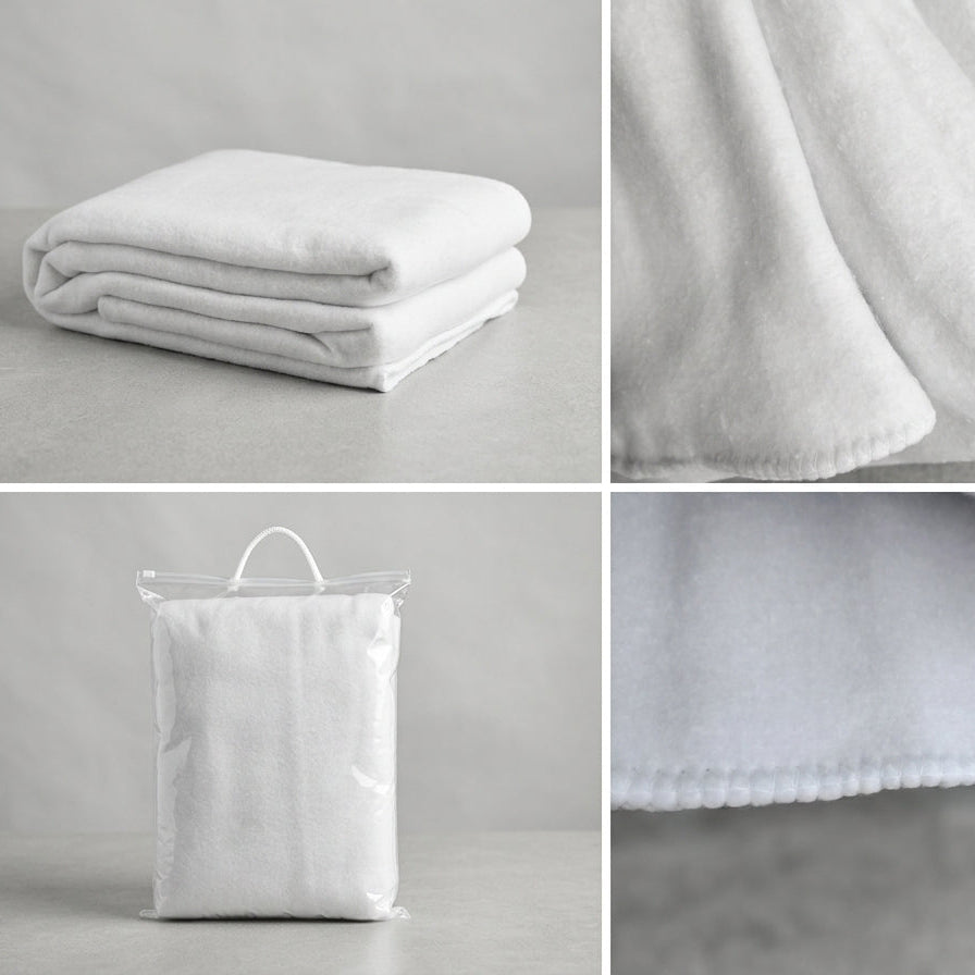 A four-panel collage showing a folded white yoga blanket blanket, close-up fabric texture, packaged in a clear plastic bag with a white handle, and another folded view with the fabric hem visible.