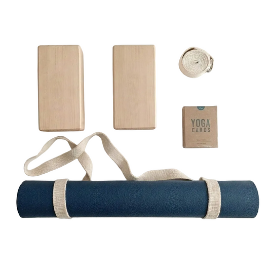 iyengar yoga set with wood blocks, blue mat and carrier strap, yoga strap and card deck