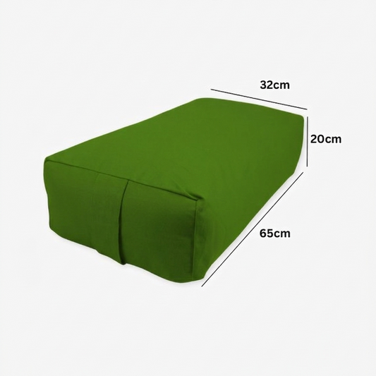 Green fitted rectangular yoga bolster with dimensions on a white background