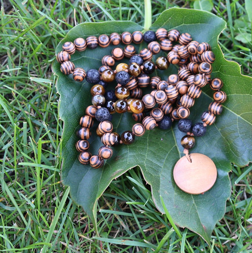 Meditation Mala - Natural walnut, volcanic & tiger eye stones
