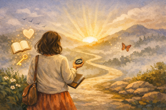 woman on her life journey holding a compass to find the way