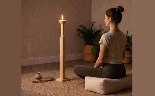 woman in meditation pose looking at a candle flame on a wood trataka stand
