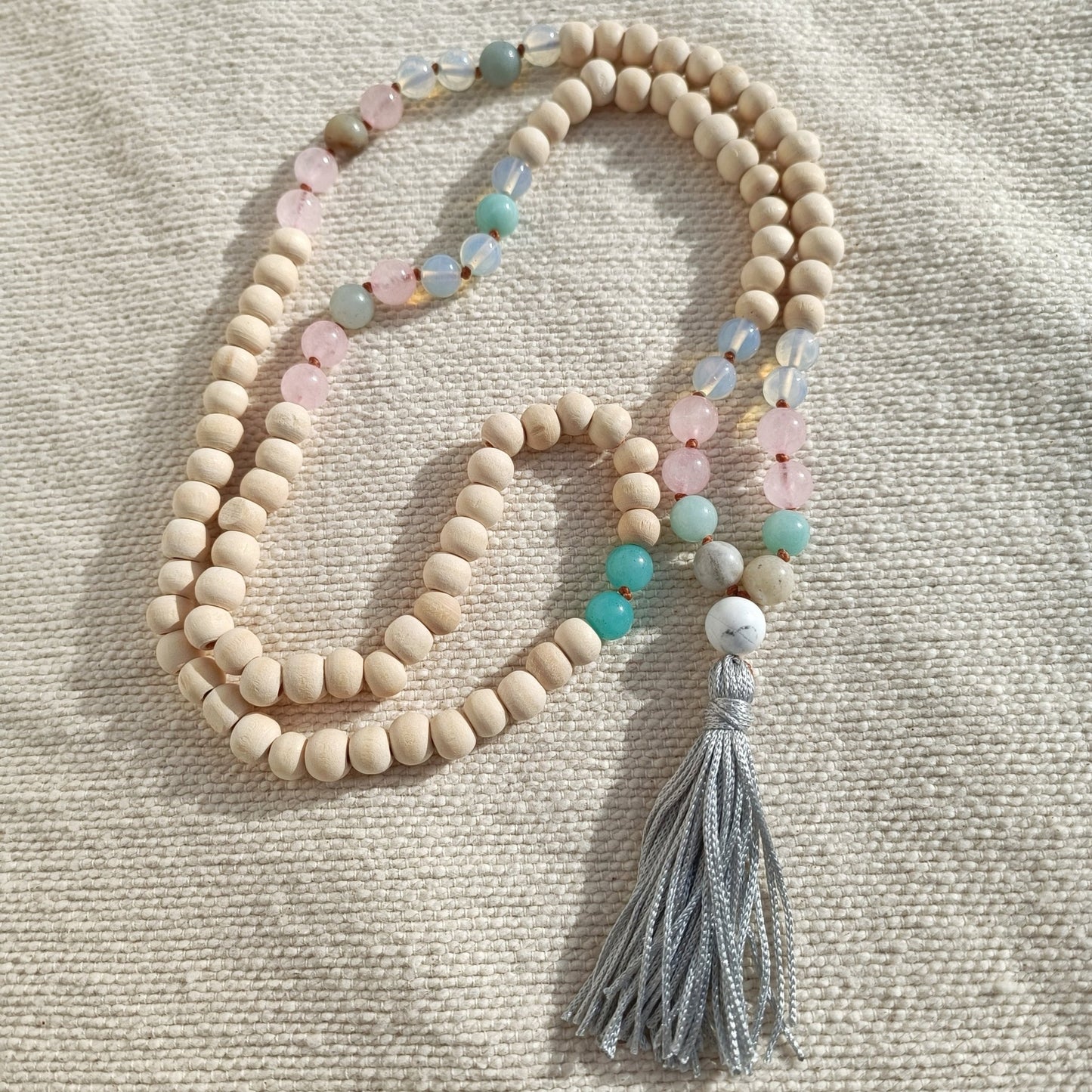 Mala Japa en quartz rose, amazonite et pierre de lune Ananda Hum pour soulager l'anxiété