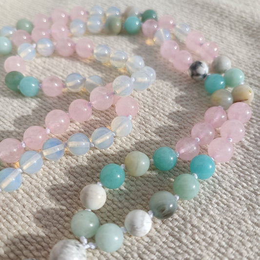 Mala Japa en quartz rose, amazonite et pierre de lune Ananda Hum pour soulager l'anxiété