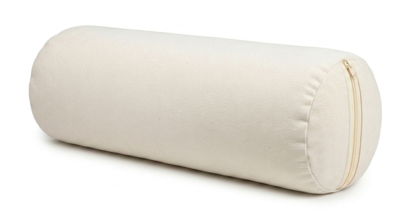 Beige cylindrical yoga bolster on a white background