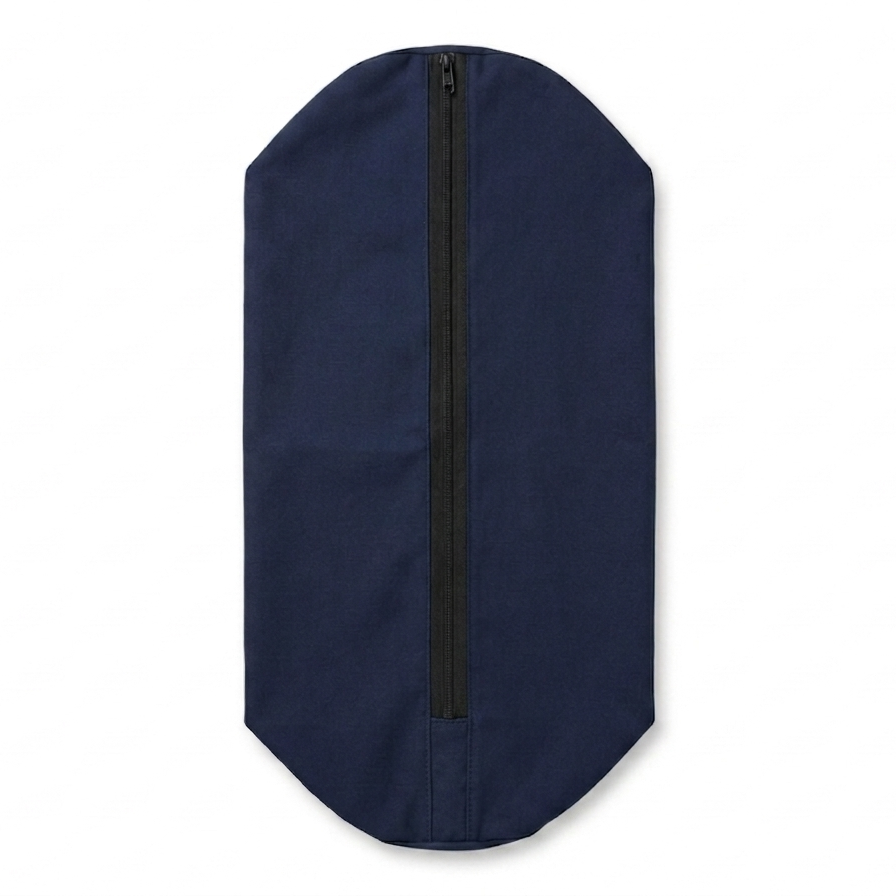 Navy blue iyengar yoga bolster cover with a black zipper on a white background