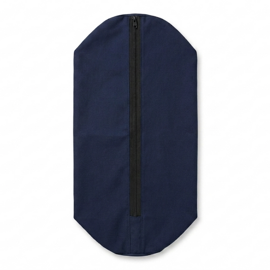 Navy blue iyengar yoga bolster cover with a black zipper on a white background