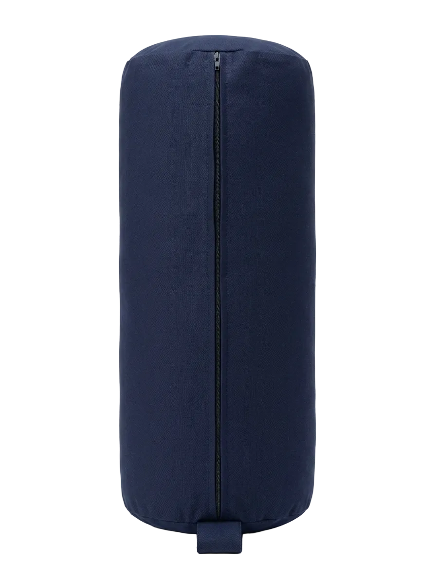 Navy blue yoga bolster cover with a zipper on a white background