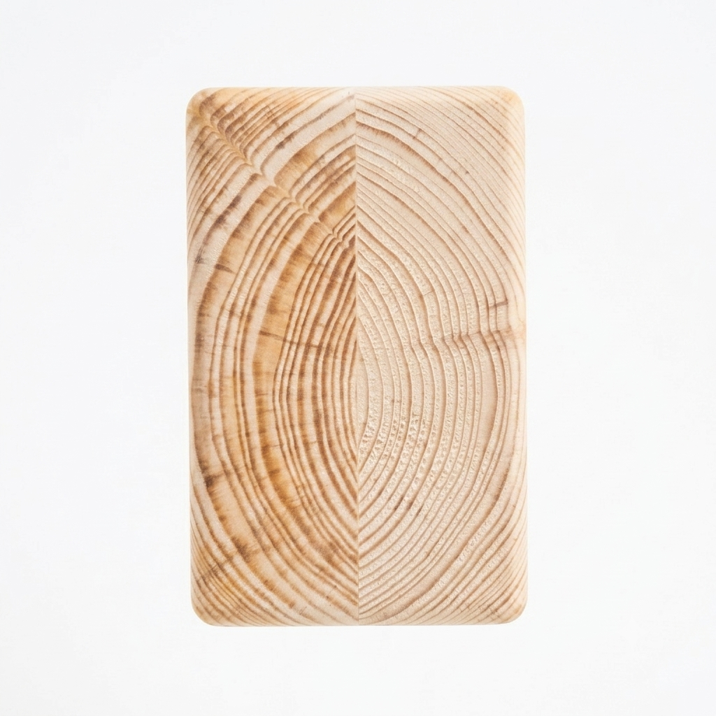 A rectangular wooden yoga block seen from the top with rounded corners, featuring a prominent natural tree growth ring pattern in light tan and beige tones, shown against a plain white background.