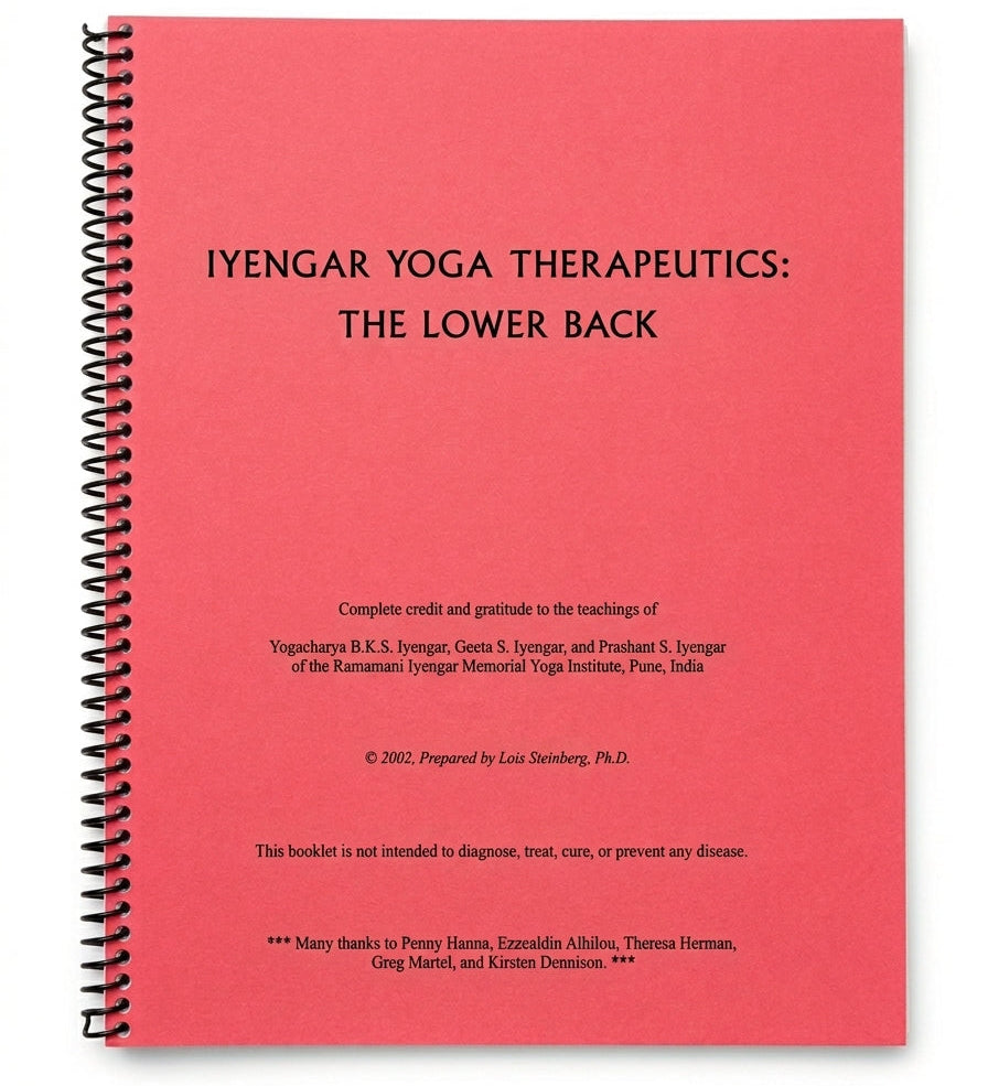 A spiral-bound booklet titled 'IYENGAR YOGA THERAPEUTICS: THE LOWER BACK' on a solid coral-red cover, photographed against a plain white background.