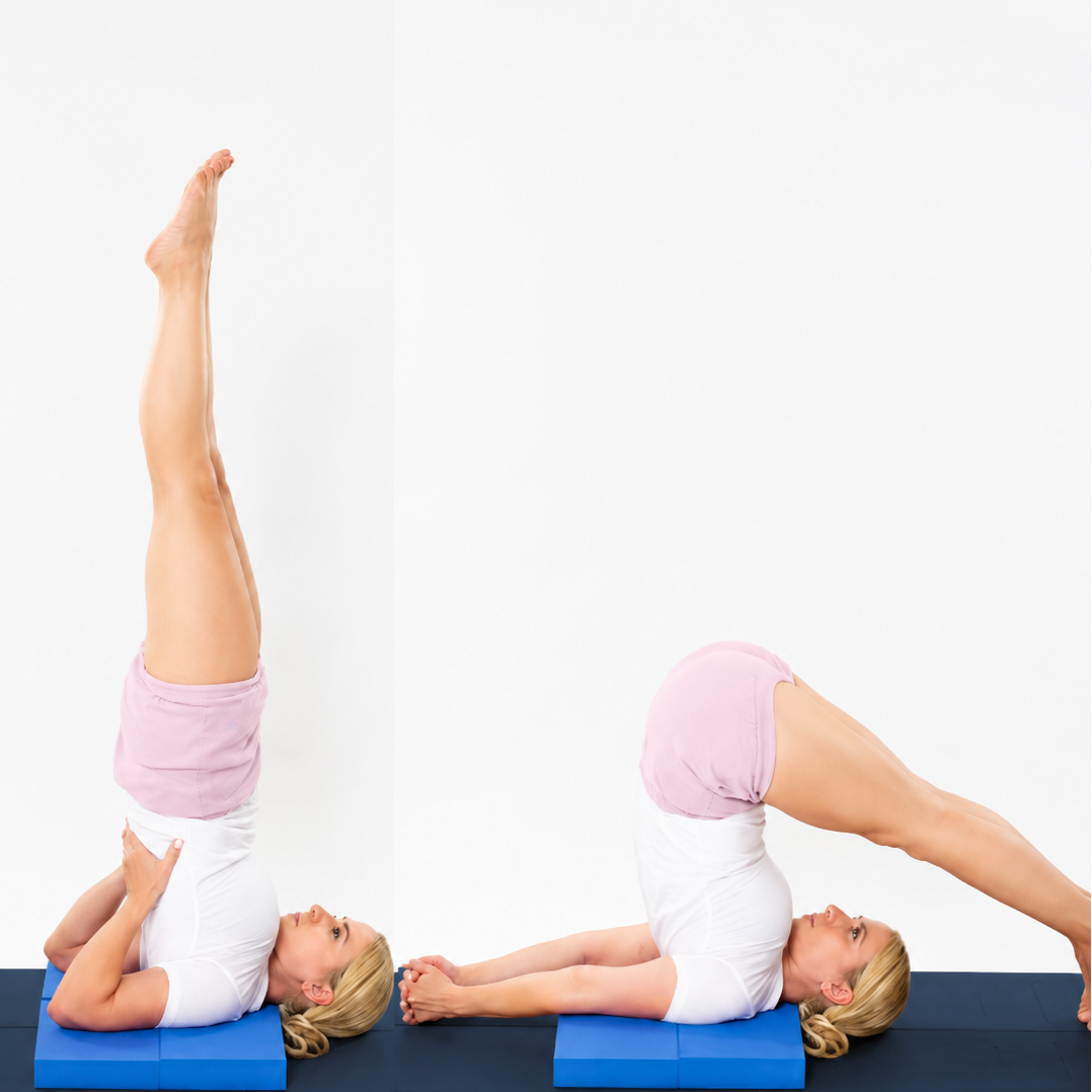 A split-screen demonstration of a yoga pose, showing a woman in a white t-shirt and pink shorts performing a shoulderstand on a blue  foam block against a white background.