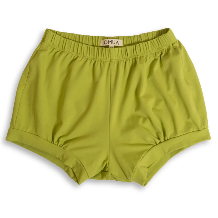A pair of olive green yoga bloomers  with an elastic waistband, laid flat on a white background. A brand label reading 'OMUA' is visible inside the waistband.