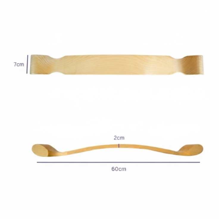 photo of a wood curvature plank with dimensions for iyengar yoga