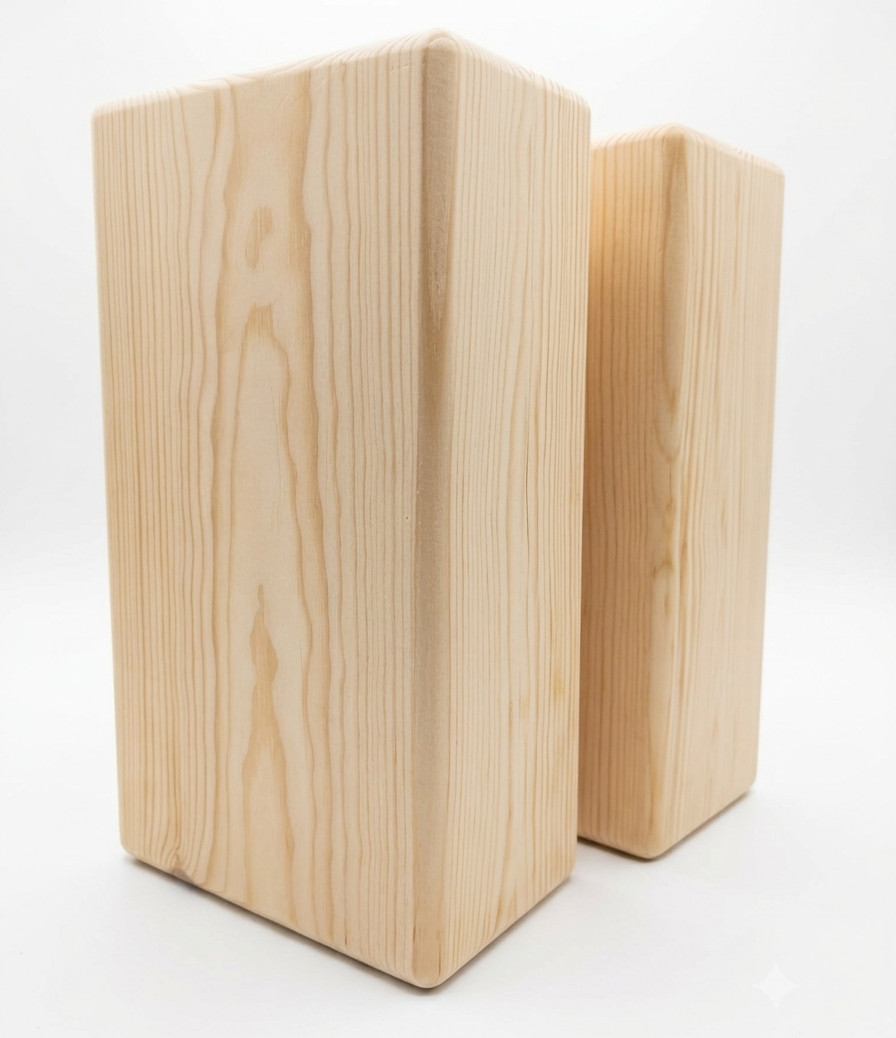 2 pine wood yoga blocks seen from an angle with white background