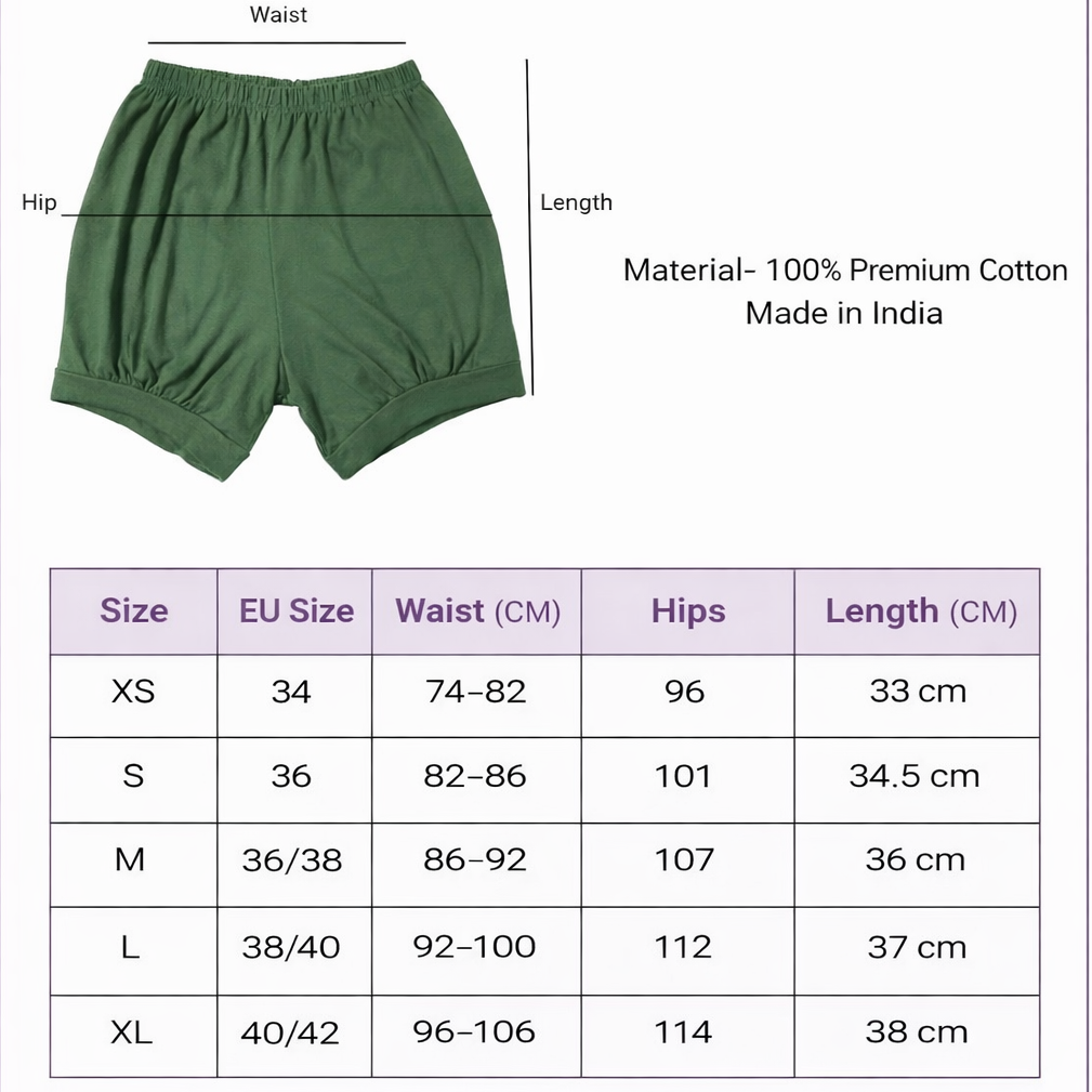 Yoga shorts size chart with green shorts and measurement details on a white background