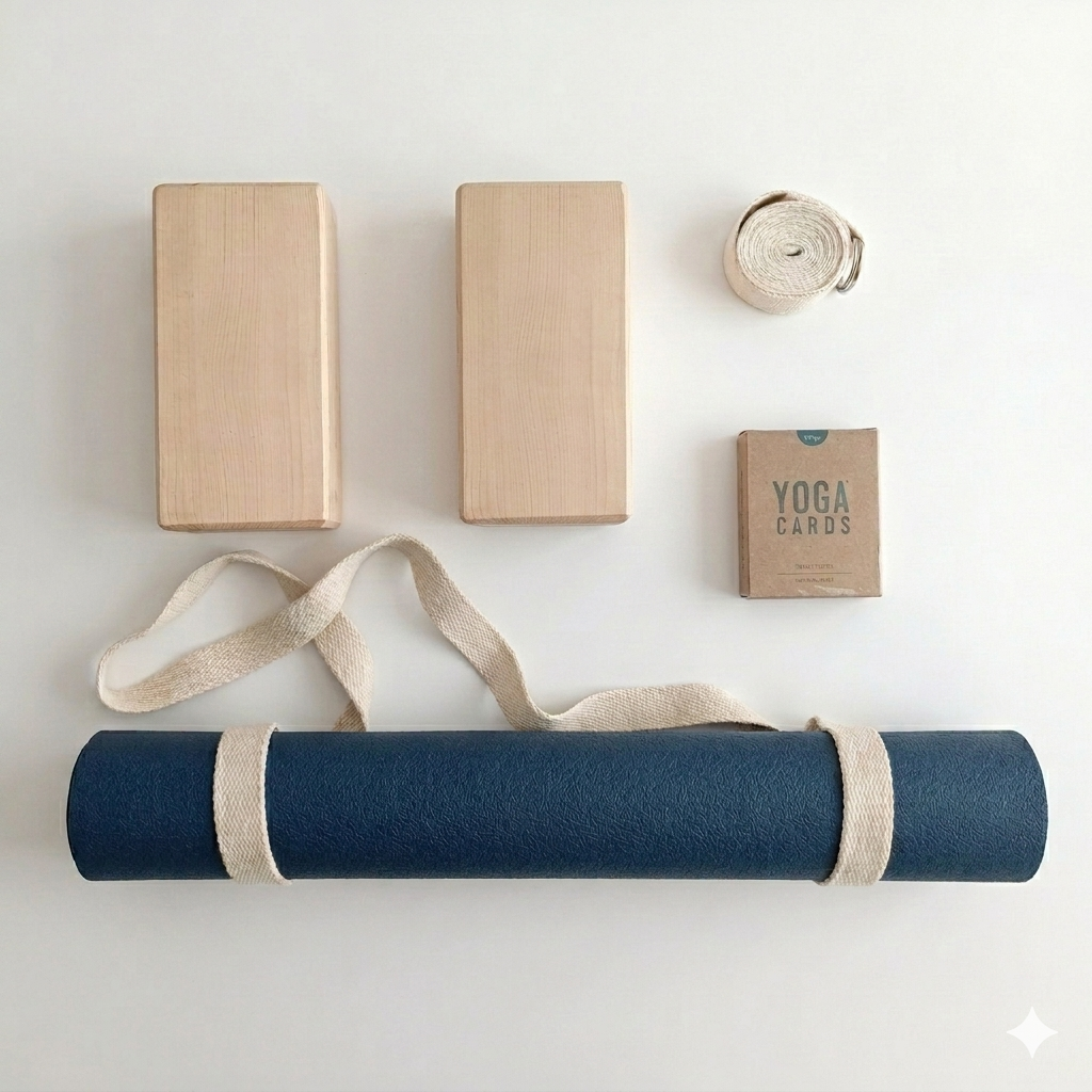 iyengar yoga set with wood blocks, blue mat and carrier strap, yoga strap and card deck