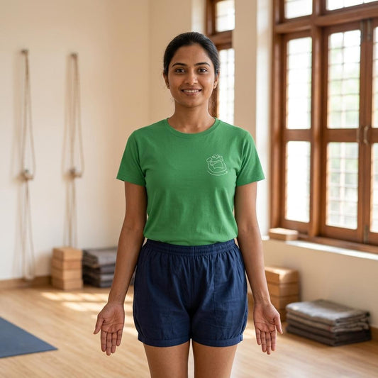 Woman in a green t-shirt and blue shorts standing in a yoga studio.