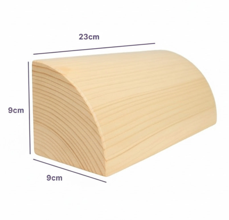 wedge-shaped wood yoga prop with dimensions labeled on a white background