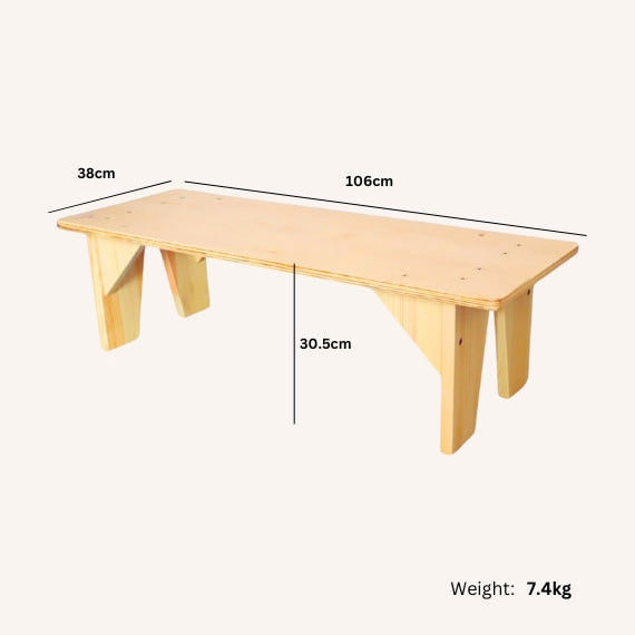 Wooden yoga bench measurements and weight displayed on a white background
