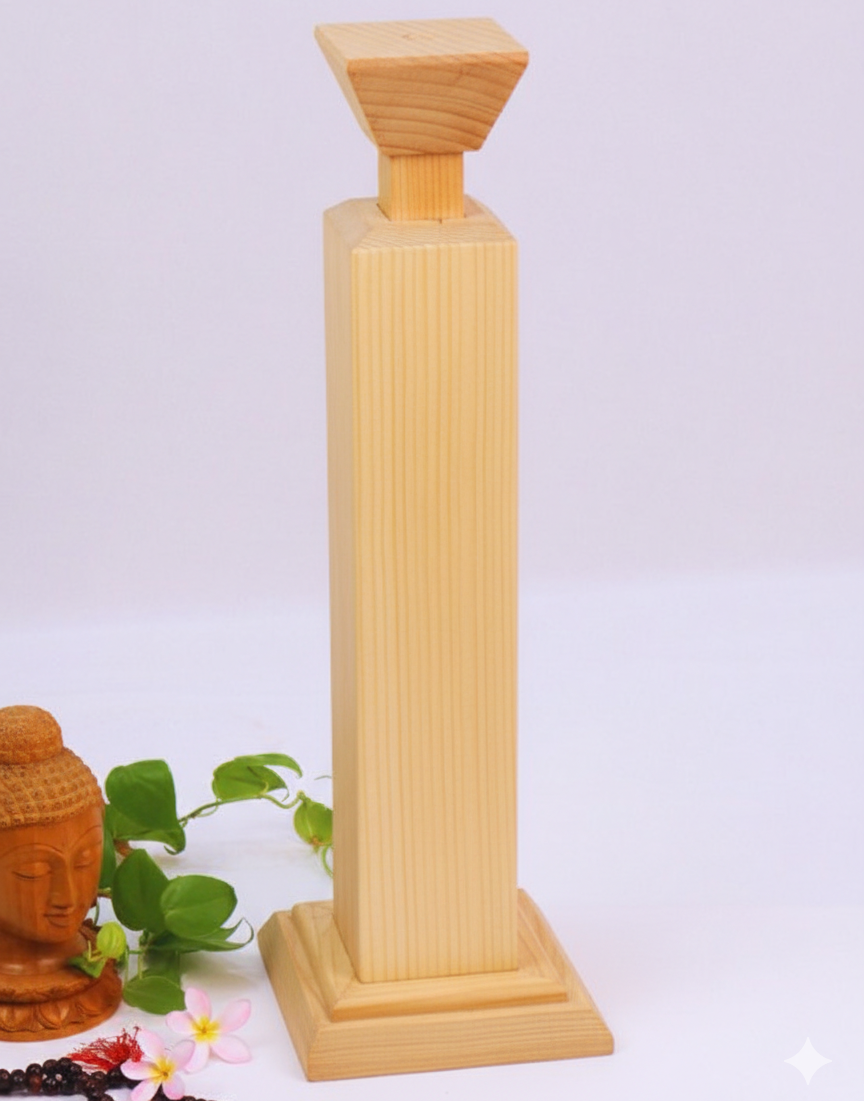 Wooden meditation cancle pedestal with a square base on a white background