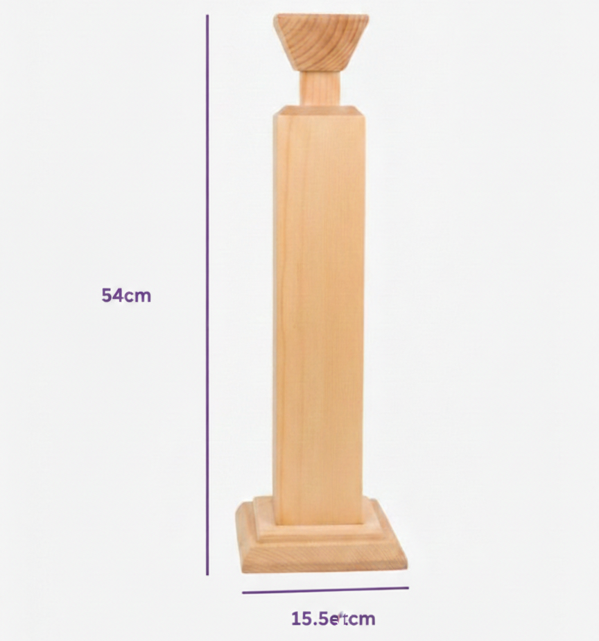 Wooden candle holder with measurements on a white background