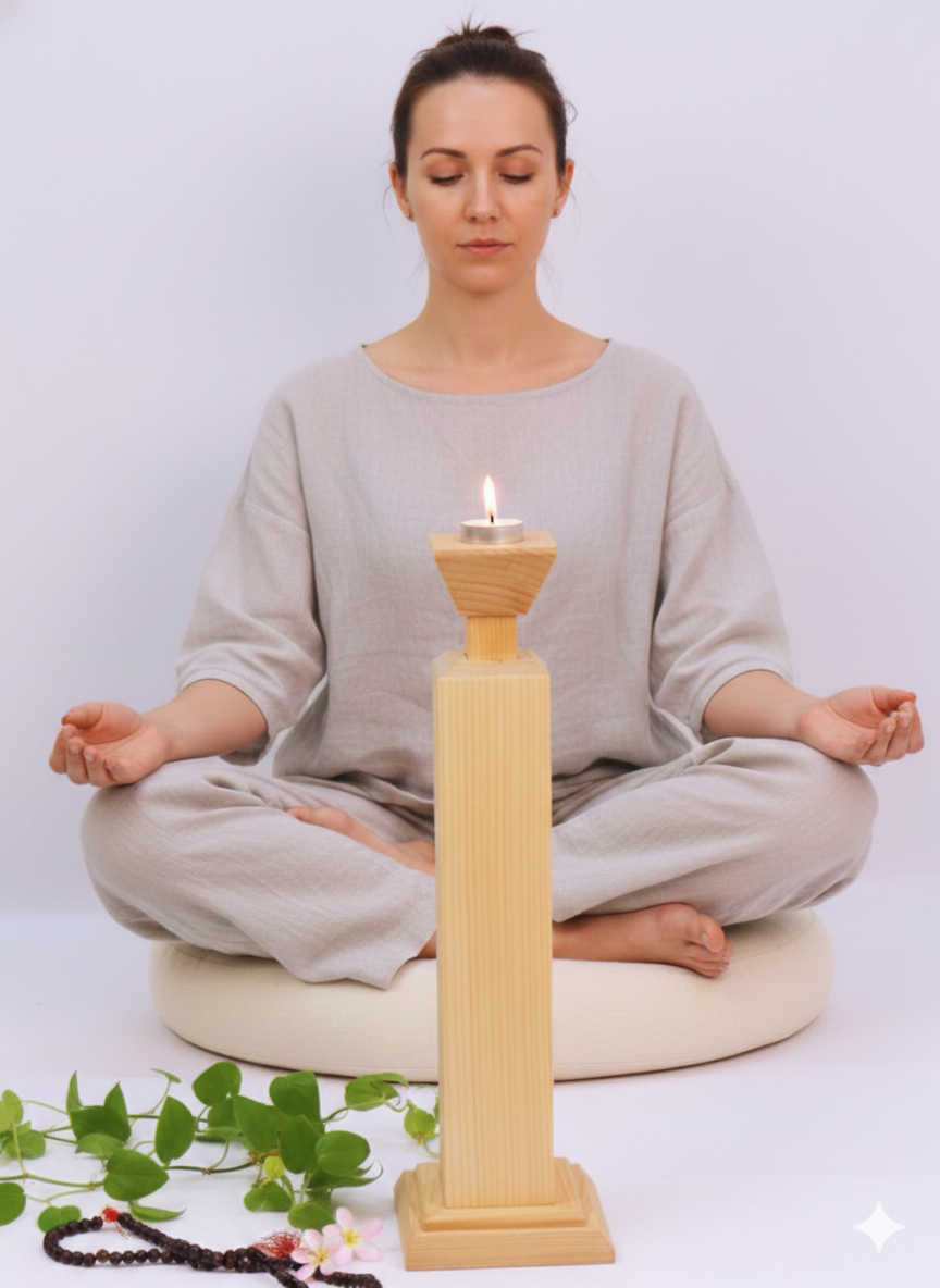 Person meditating with a meditation candle wood stand on a white background