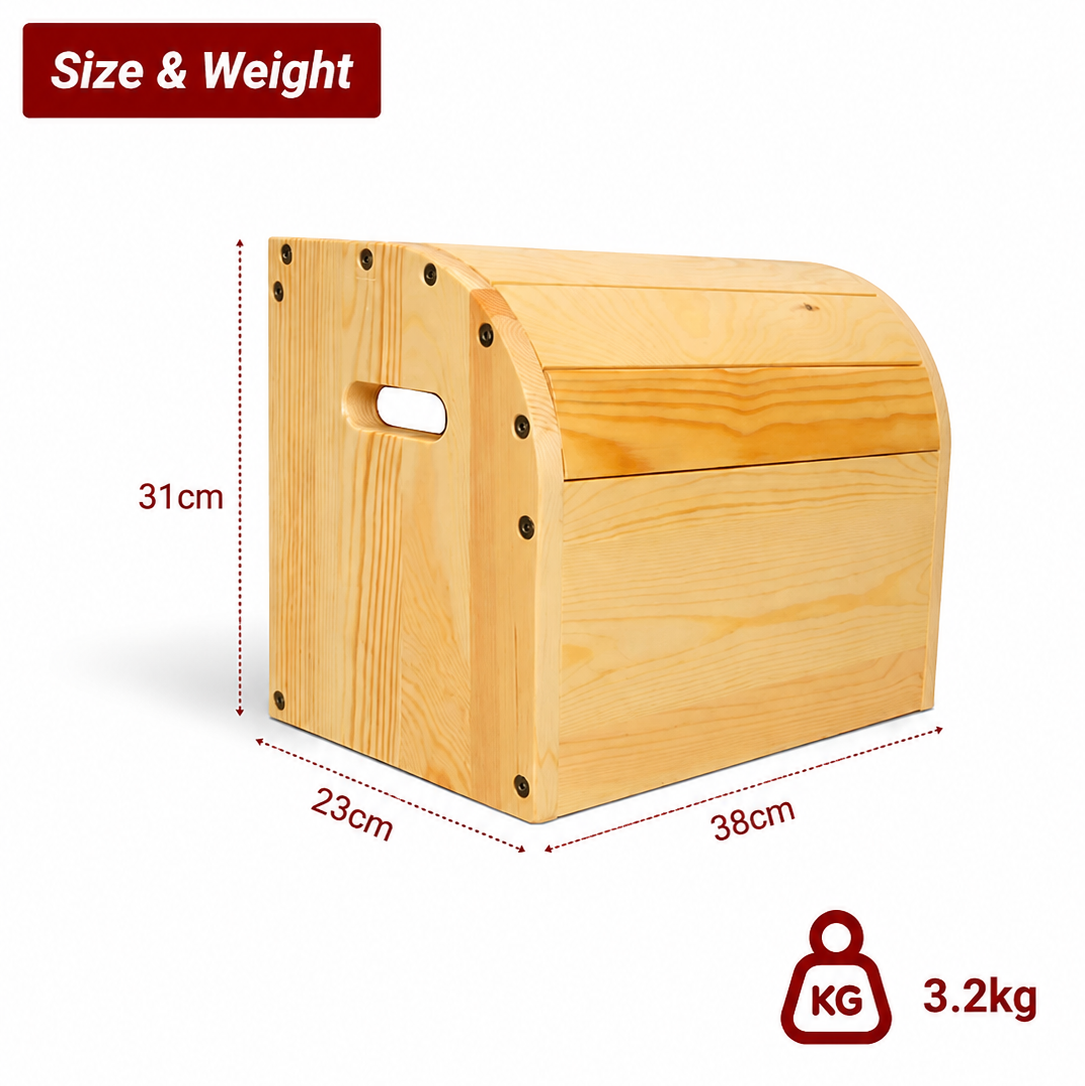 Wooden ypga prop for viparita karani with measurements and weight displayed on a white background