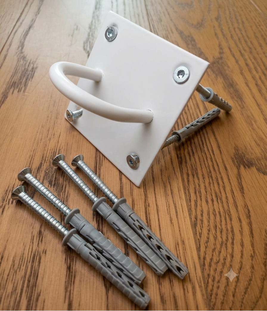White wall-mounted yoga rope hook with a curved handle and four silver wall anchors, shown on a wooden floor.