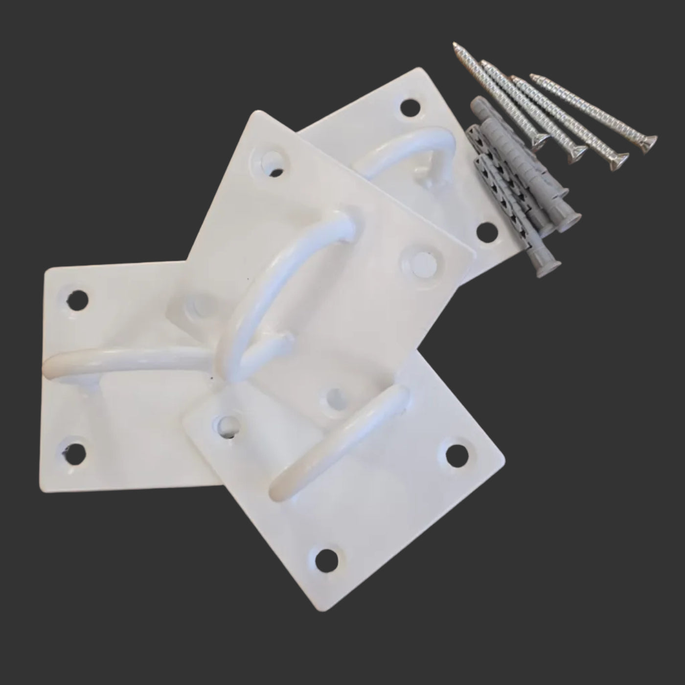 4 white hooks used for yoga ropes with mounting screws and wall anchors