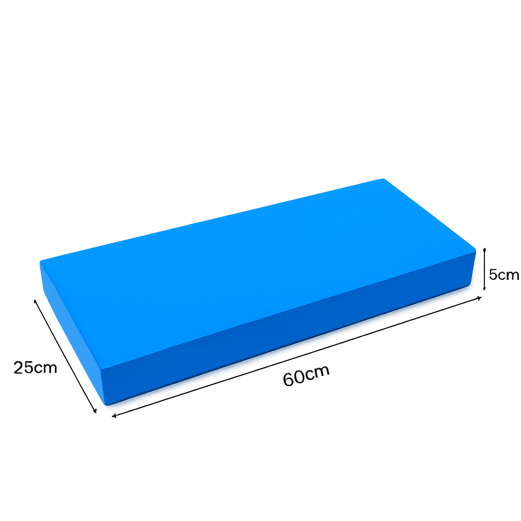 A blue rectangular foam block used in iyengar yoga with dimension labels showing 60cm length, 25cm width, and 5cm height on a plain white background.